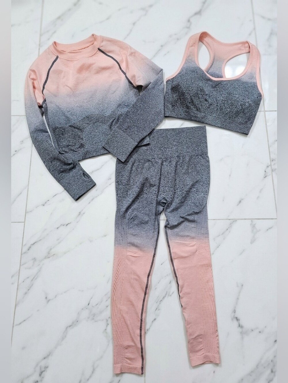 3-Piece Seamless Ombre Workout Set - Size Large - Pink & Charcoal Grey